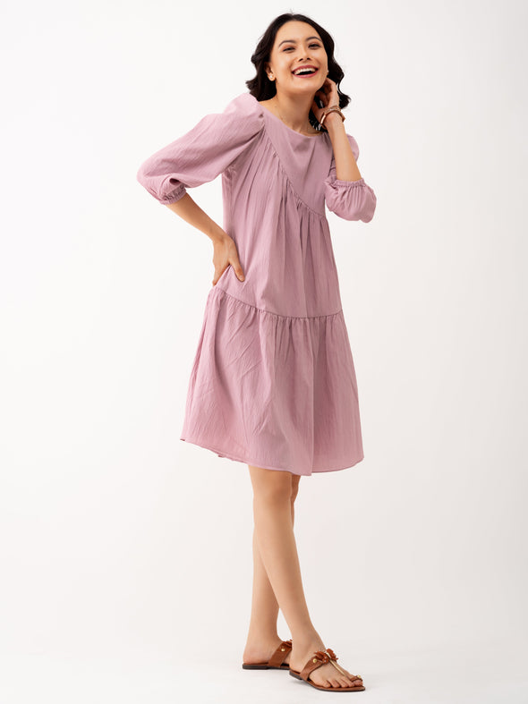 Boat Neck Puff Sleeves A-Line Dress
