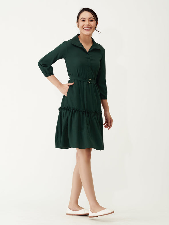 Puff Sleeves Crepe Fit  Flare Dress