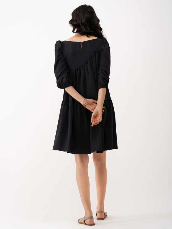 Boat Neck Puff Sleeves A-Line Dress