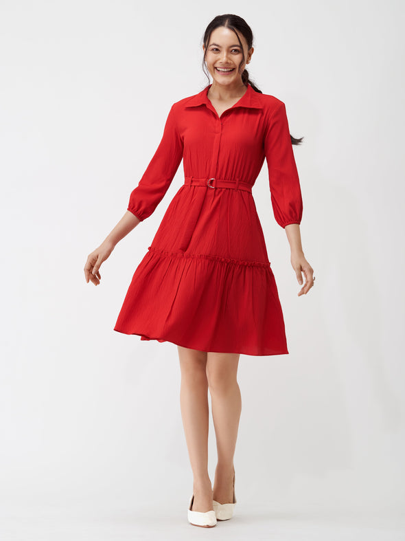 Puff Sleeves Crepe Fit  Flare Dress