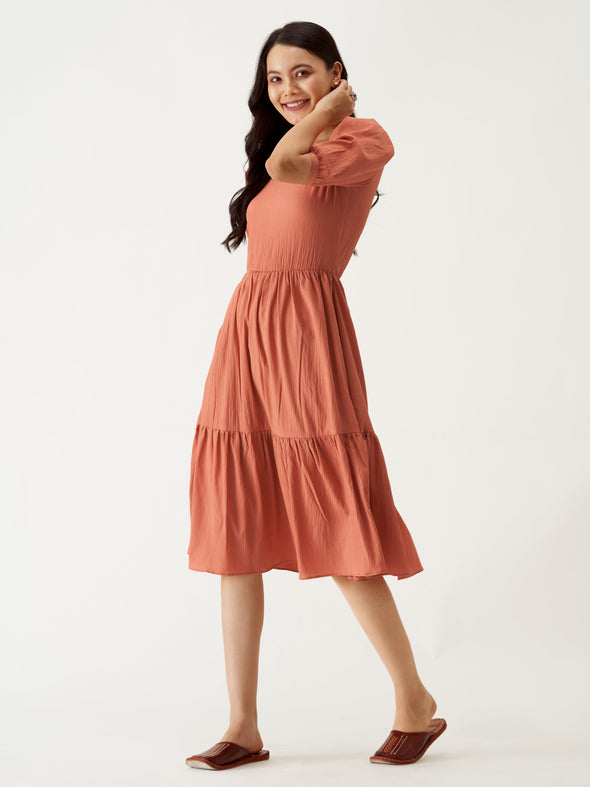 Puff Sleeve Crepe Fit  Flare Midi Dress