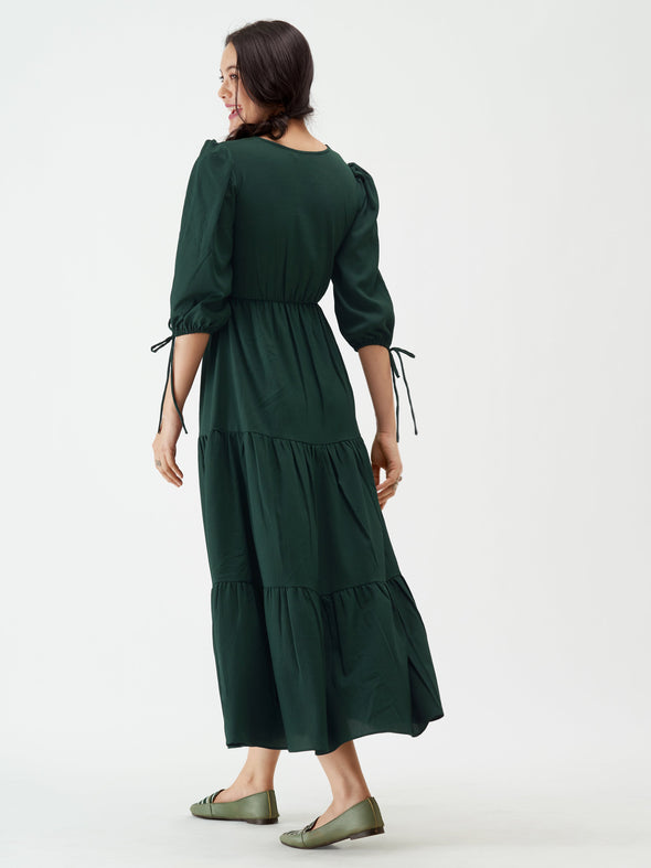 Puff Sleeves Tie-Up Detail Tiered Maxi A-Line Dress