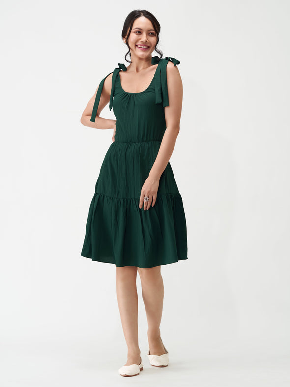 Shoulder Straps Tiered Crepe Fit  Flare dress