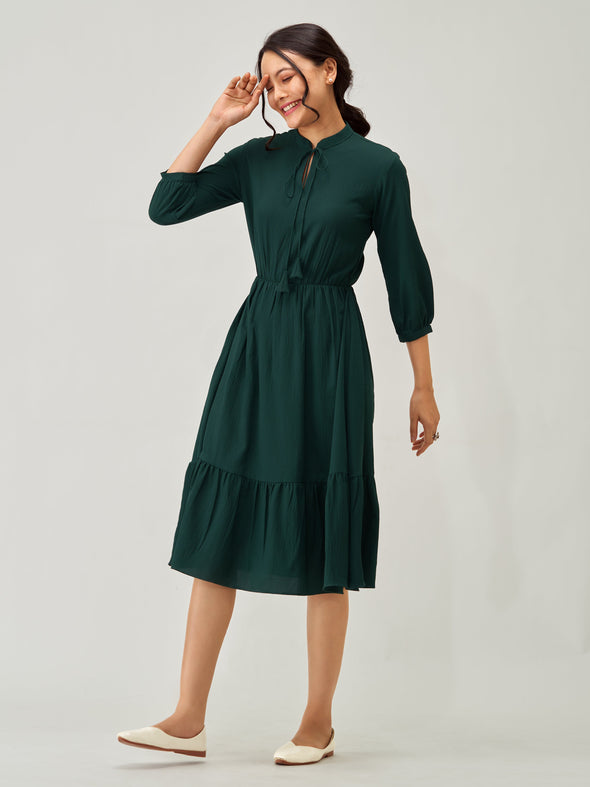 Tie-Up Neck Crepe Fit  Flare Dress