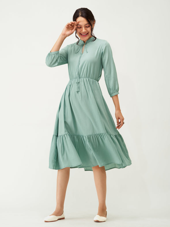 Tie-Up Neck Crepe Fit  Flare Dress