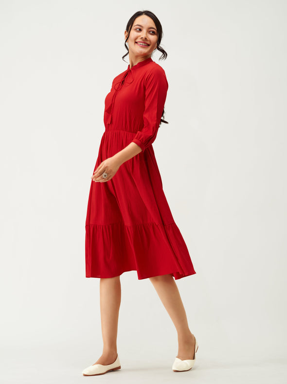 Tie-Up Neck Crepe Fit  Flare Dress