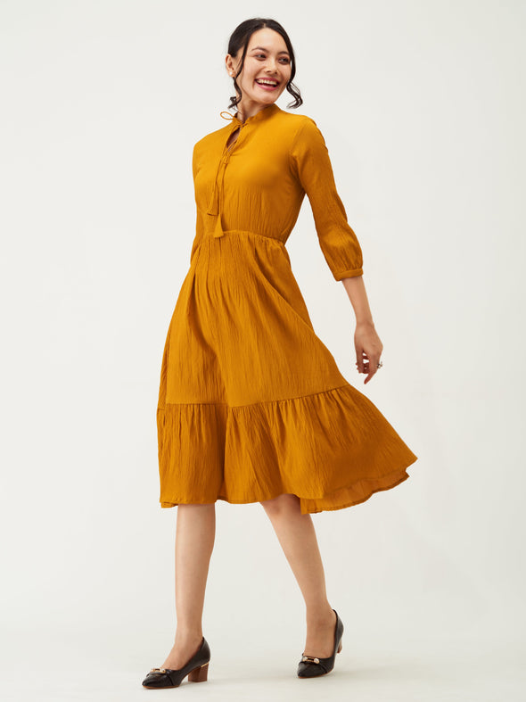 Tie-Up Neck Crepe Fit  Flare Dress