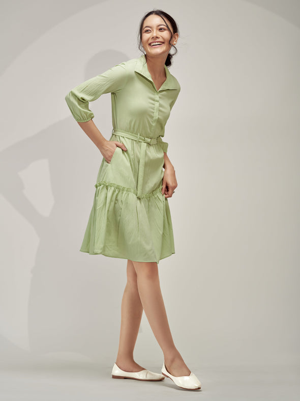 Puff Sleeves Crepe Fit  Flare Dress