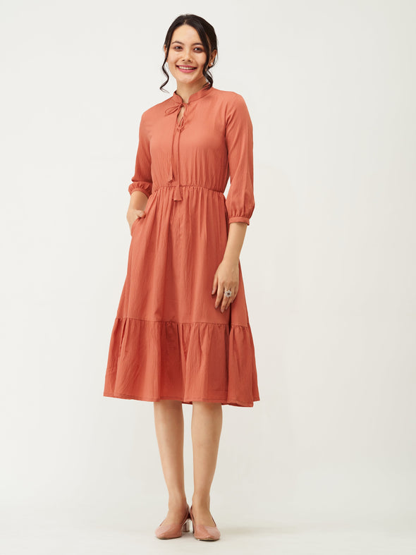 Tie-Up Neck Crepe Fit  Flare Dress