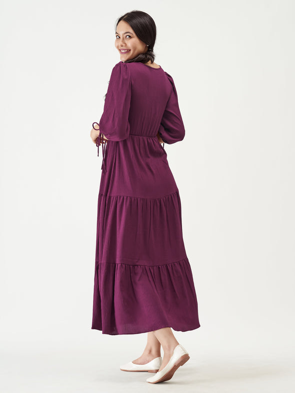 Puff Sleeves Tie-Up Detail Tiered Maxi A-Line Dress