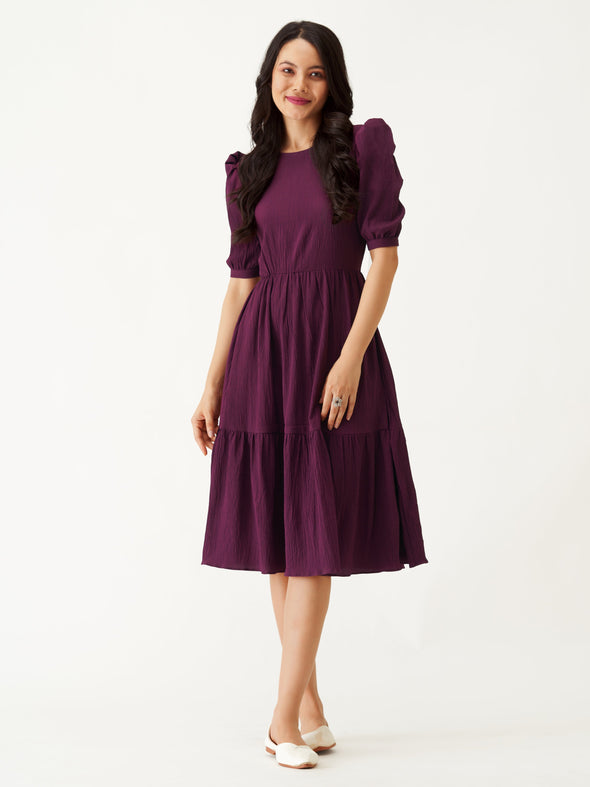 Puff Sleeve Crepe Fit  Flare Midi Dress