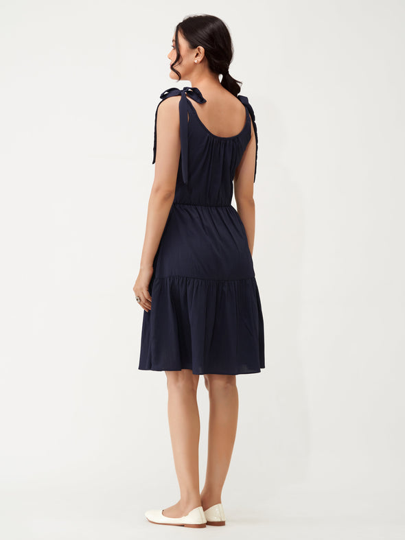 Shoulder Straps Tiered Crepe Fit  Flare dress