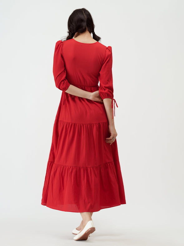 Puff Sleeves Tie-Up Detail Tiered Maxi A-Line Dress