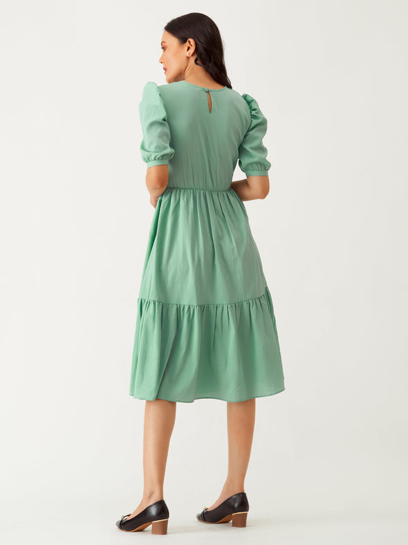 Puff Sleeve Crepe Fit  Flare Midi Dress