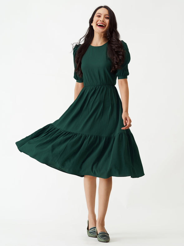 Puff Sleeve Crepe Fit  Flare Midi Dress