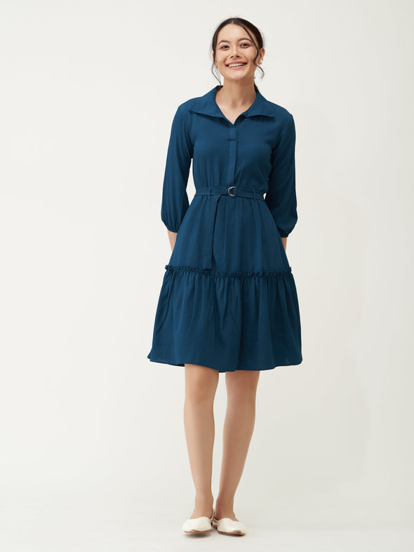 Puff Sleeves Crepe Fit  Flare Dress
