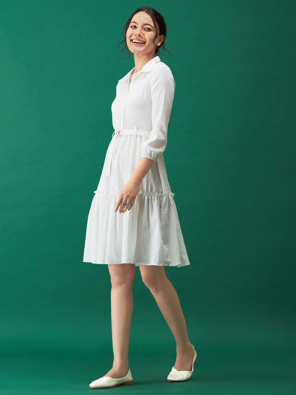 Puff Sleeves Crepe Fit  Flare Dress
