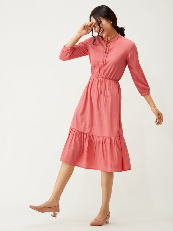 Tie-Up Neck Crepe Fit  Flare Dress