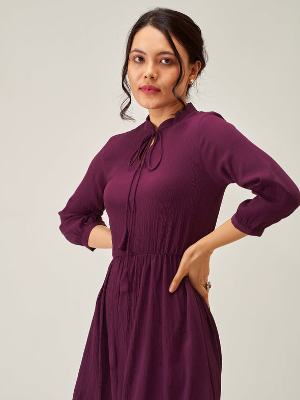 Tie-Up Neck Crepe Fit  Flare Dress