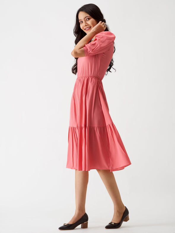 Puff Sleeve Crepe Fit  Flare Midi Dress