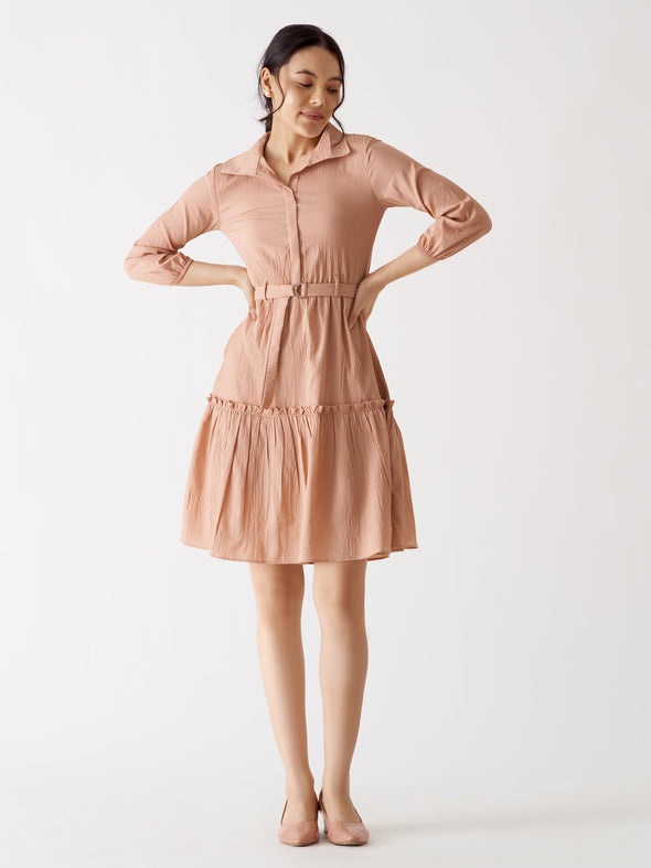 Puff Sleeves Crepe Fit  Flare Dress