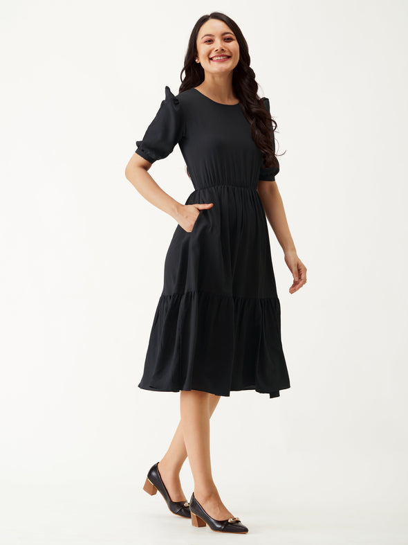 Puff Sleeve Crepe Fit  Flare Midi Dress