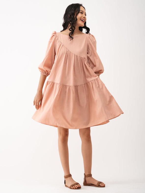 Boat Neck Puff Sleeves A-Line Dress