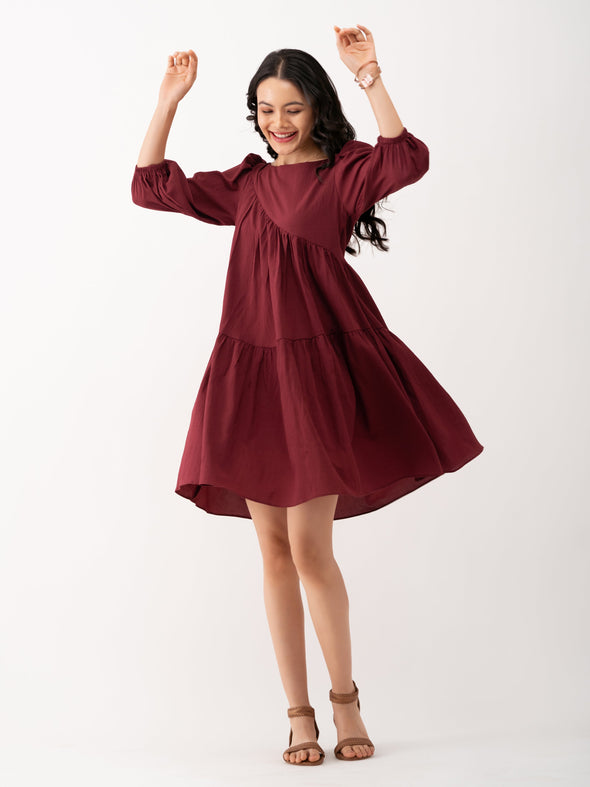 Boat Neck Puff Sleeves A-Line Dress