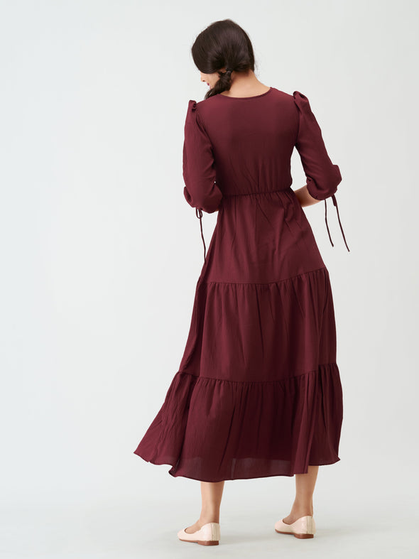 Puff Sleeves Tie-Up Detail Tiered Maxi A-Line Dress