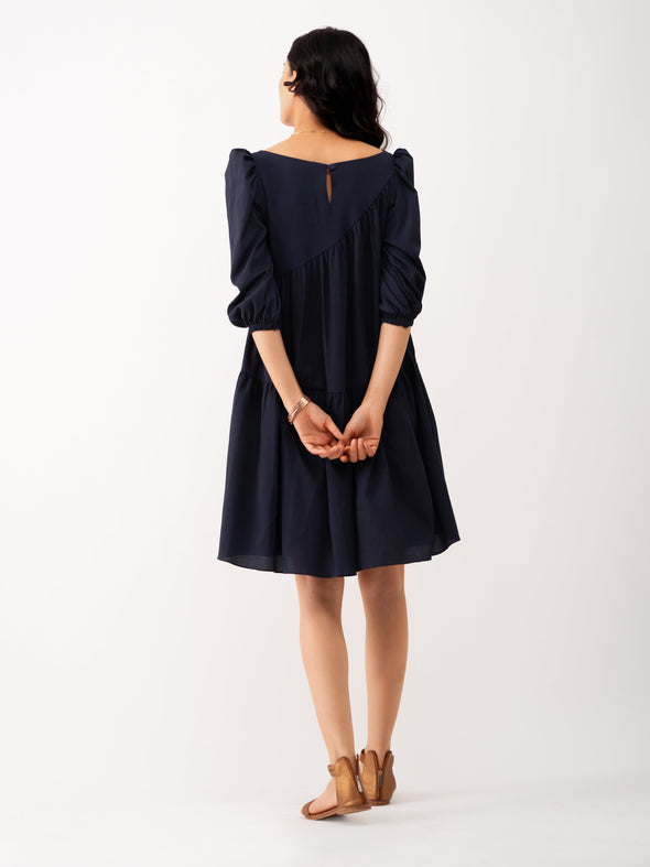 Boat Neck Puff Sleeves A-Line Dress