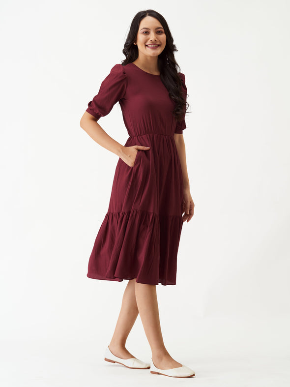 Puff Sleeve Crepe Fit  Flare Midi Dress