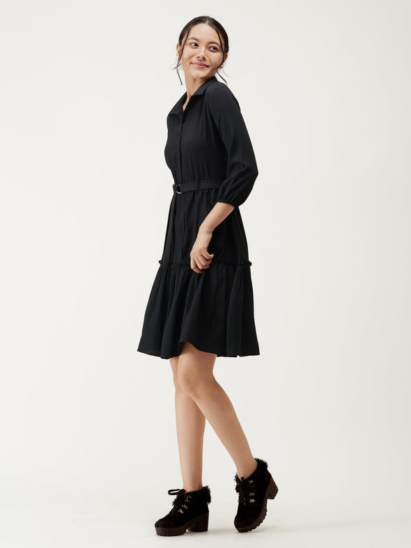 Puff Sleeves Crepe Fit  Flare Dress