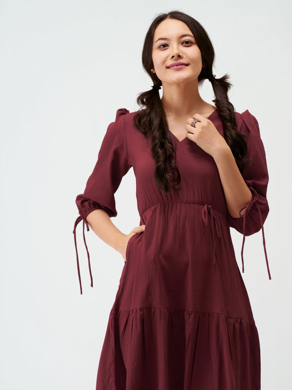 Puff Sleeves Tie-Up Detail Tiered Maxi A-Line Dress