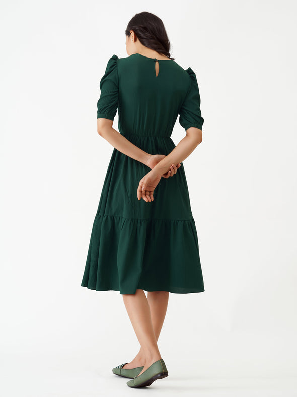 Puff Sleeve Crepe Fit  Flare Midi Dress