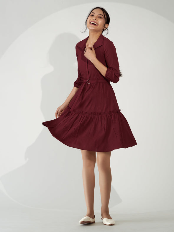 Puff Sleeves Crepe Fit  Flare Dress