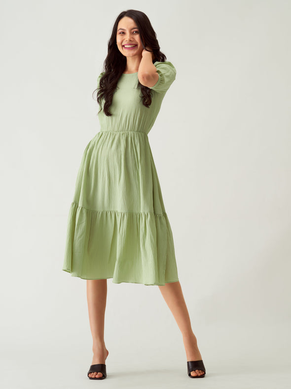 Puff Sleeve Crepe Fit  Flare Midi Dress