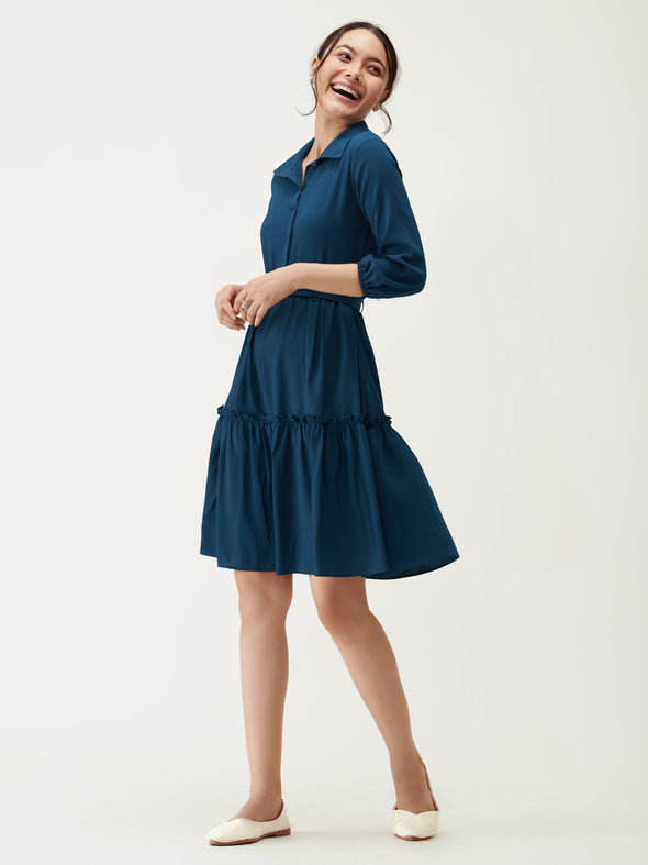 Puff Sleeves Crepe Fit  Flare Dress