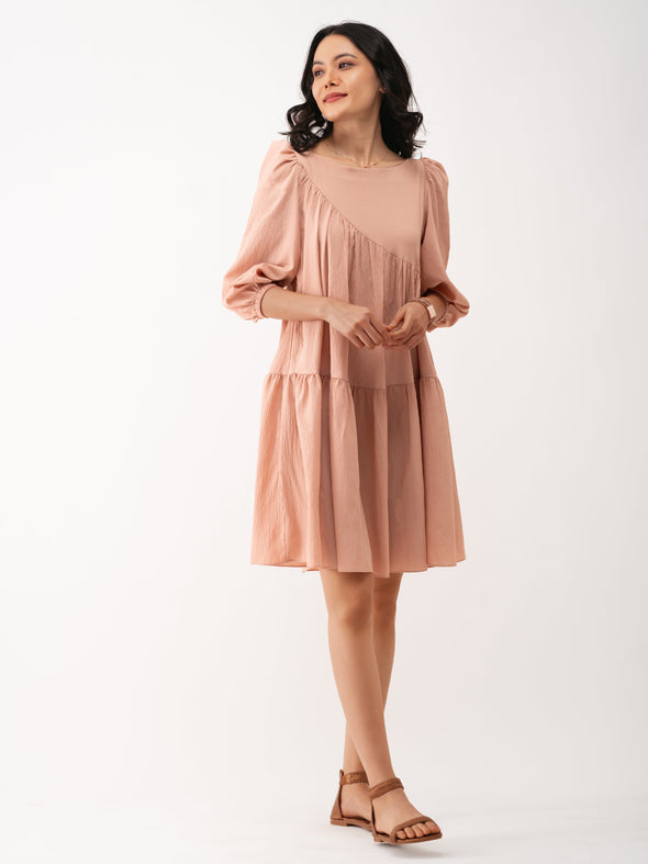 Boat Neck Puff Sleeves A-Line Dress