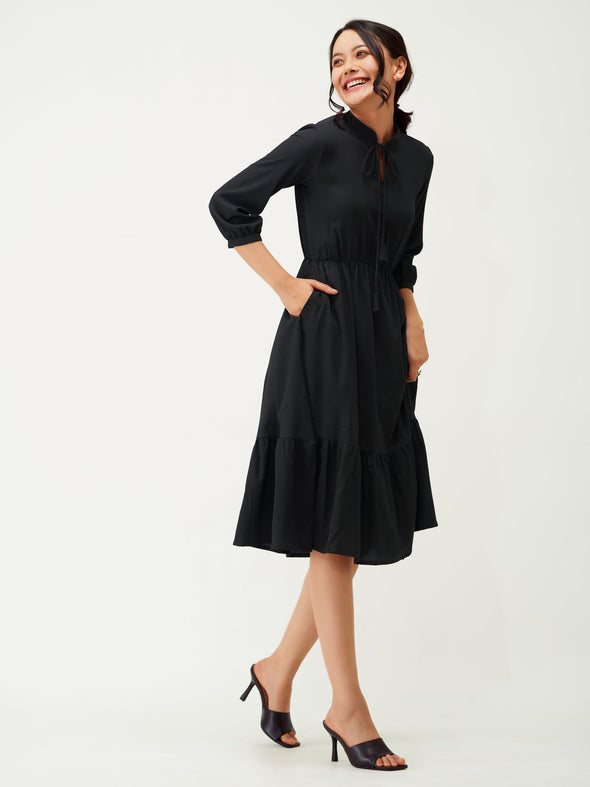 Tie-Up Neck Crepe Fit  Flare Dress