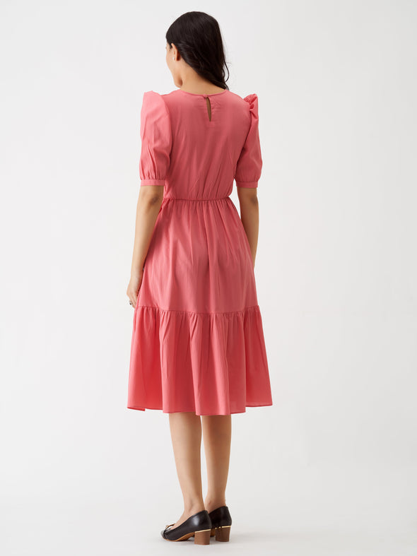 Puff Sleeve Crepe Fit  Flare Midi Dress