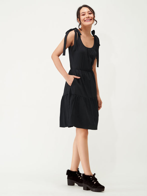 Shoulder Straps Tiered Crepe Fit  Flare dress