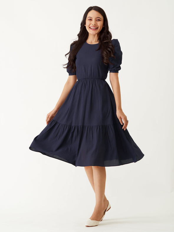 Puff Sleeve Crepe Fit  Flare Midi Dress