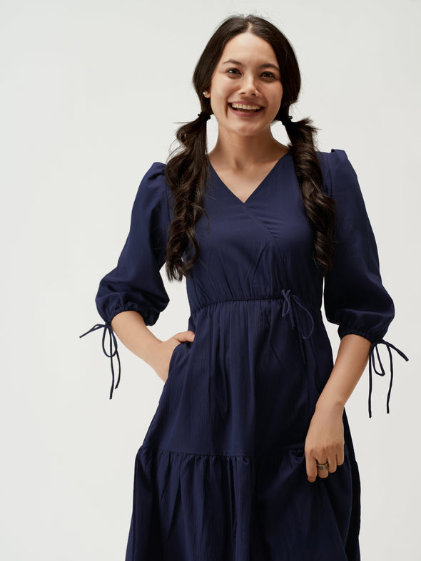 Puff Sleeves Tie-Up Detail Tiered Maxi A-Line Dress