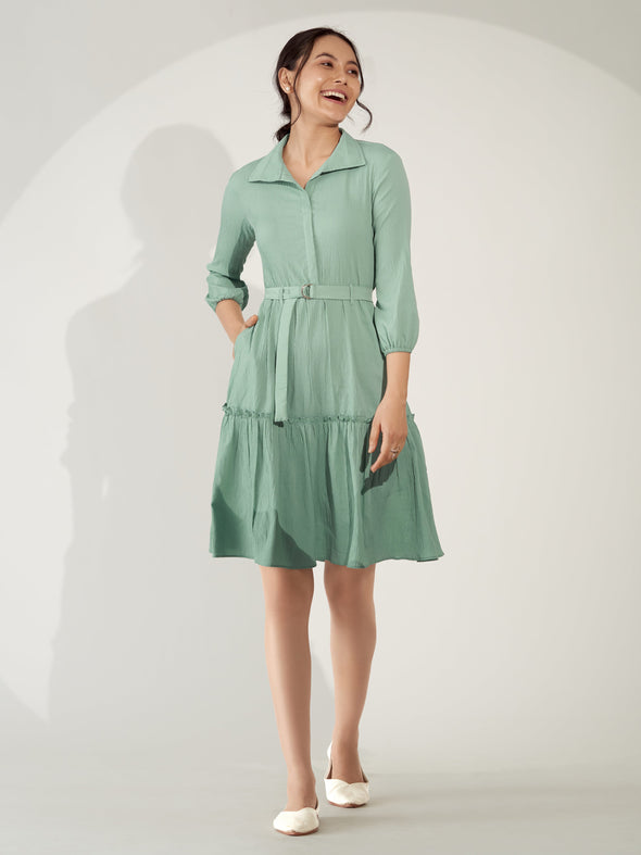 Puff Sleeves Crepe Fit  Flare Dress