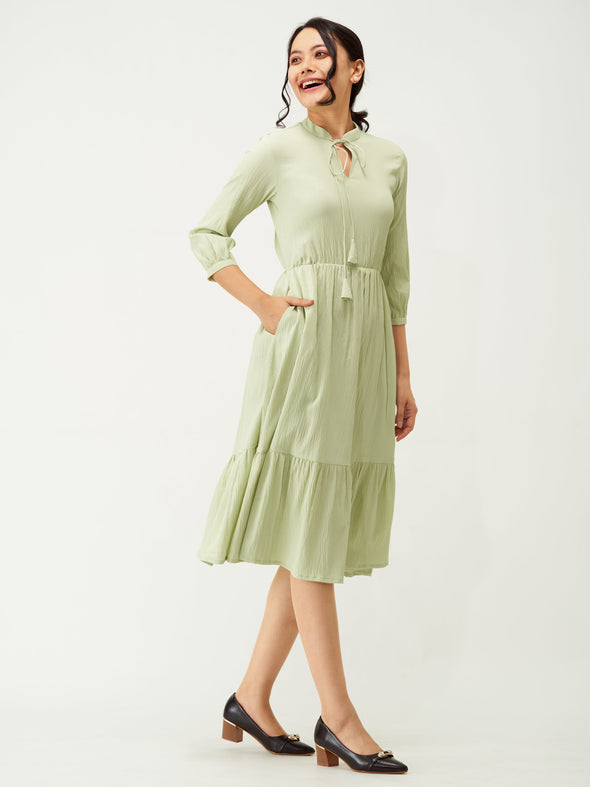Tie-Up Neck Crepe Fit  Flare Dress