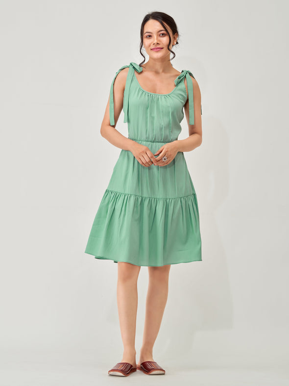 Shoulder Straps Tiered Crepe Fit  Flare dress