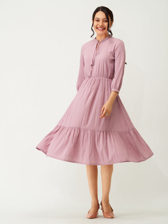 Tie-Up Neck Crepe Fit  Flare Dress