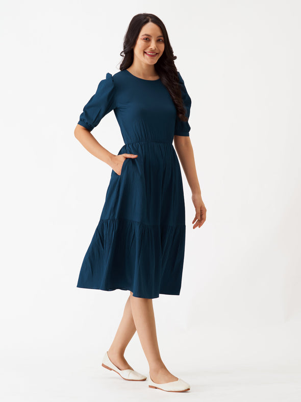 Puff Sleeve Crepe Fit  Flare Midi Dress