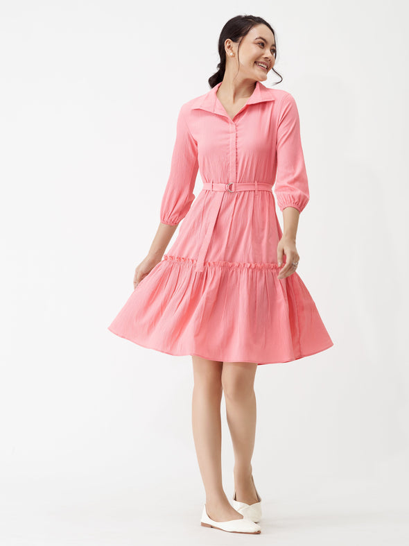 Puff Sleeves Crepe Fit  Flare Dress