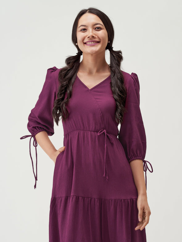 Puff Sleeves Tie-Up Detail Tiered Maxi A-Line Dress